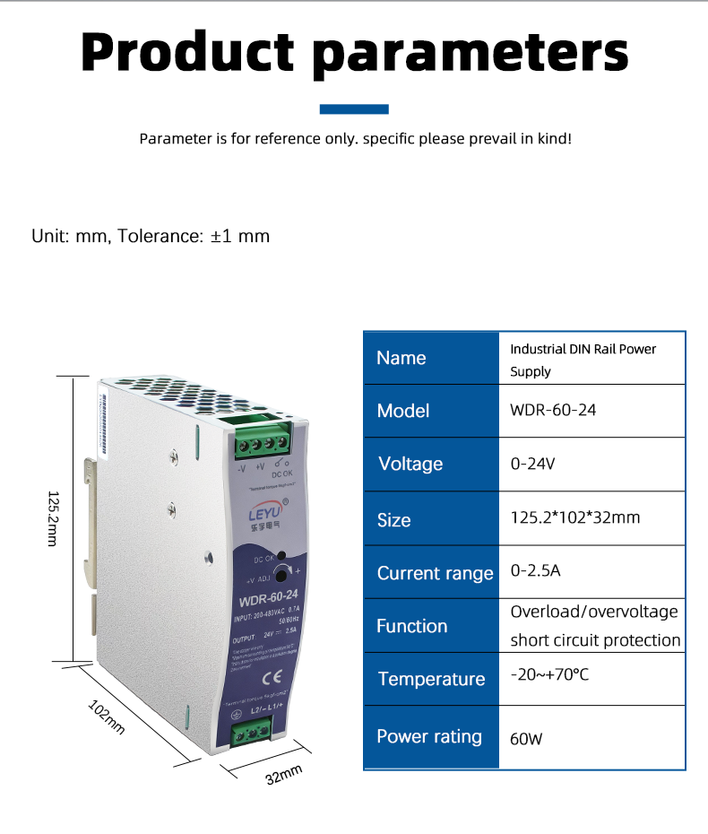 WDR-60-24 60W 24V DIN Rail Power Supply for Control Panel & Automation