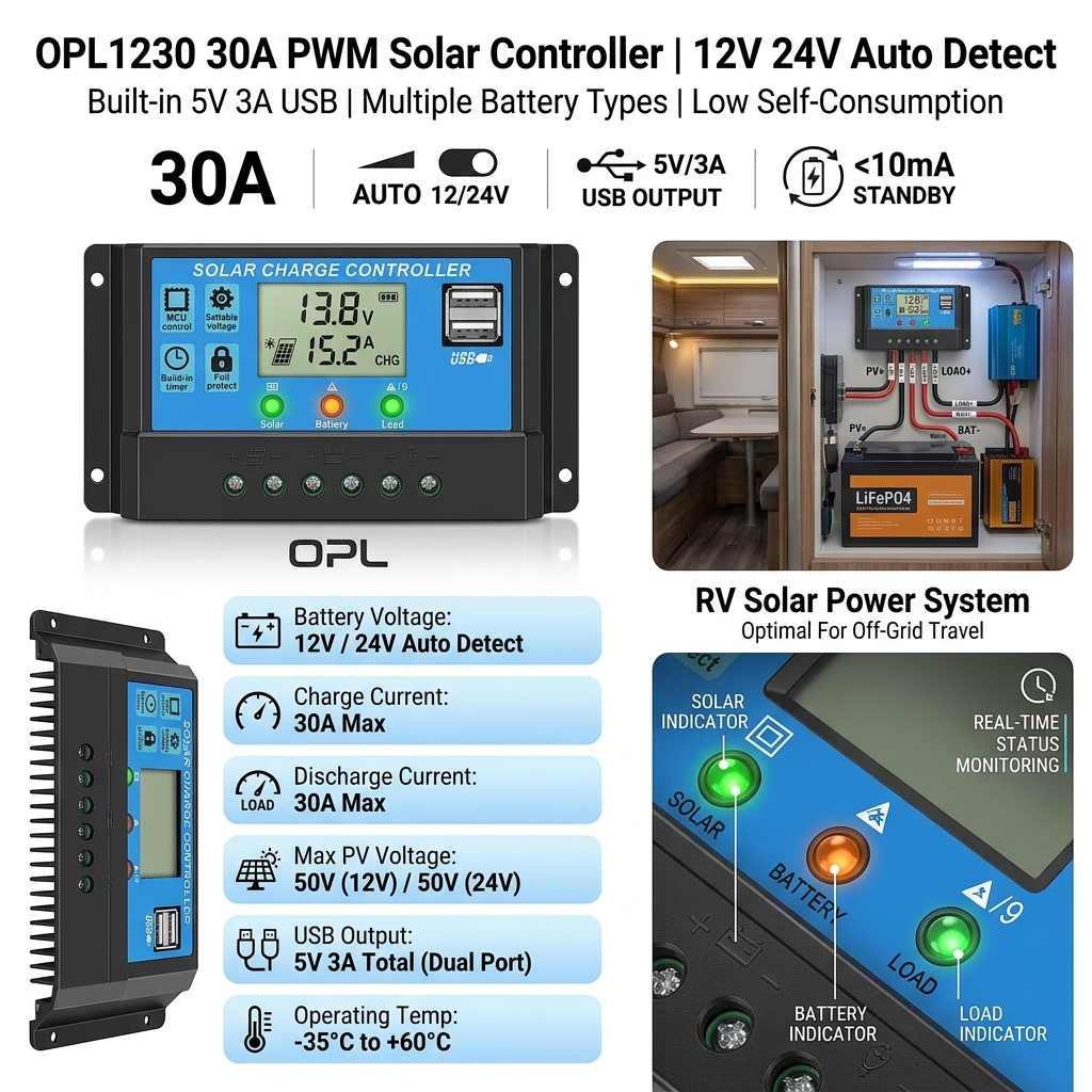 Off Grid Solar System Regulator OPL-1230 Dual USB