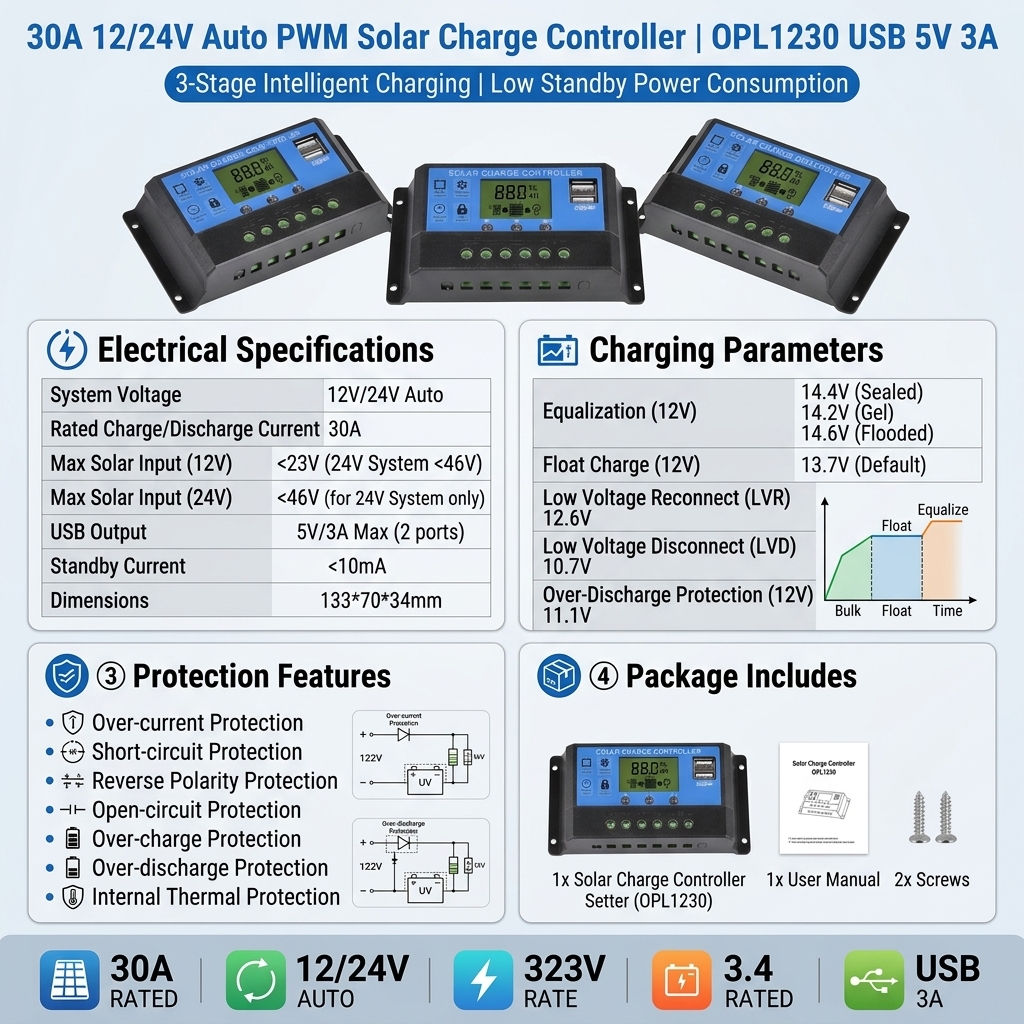 Off Grid Solar System Regulator OPL-1230 Dual USB