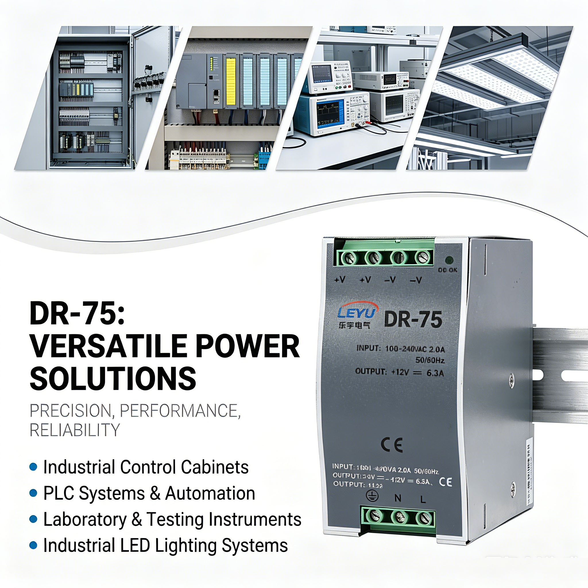 DR-75 Series 75W 12V 24V 48V Industrial DIN Rail Power Supply AC to DC Converter for PLC Control Panel Factory Automation