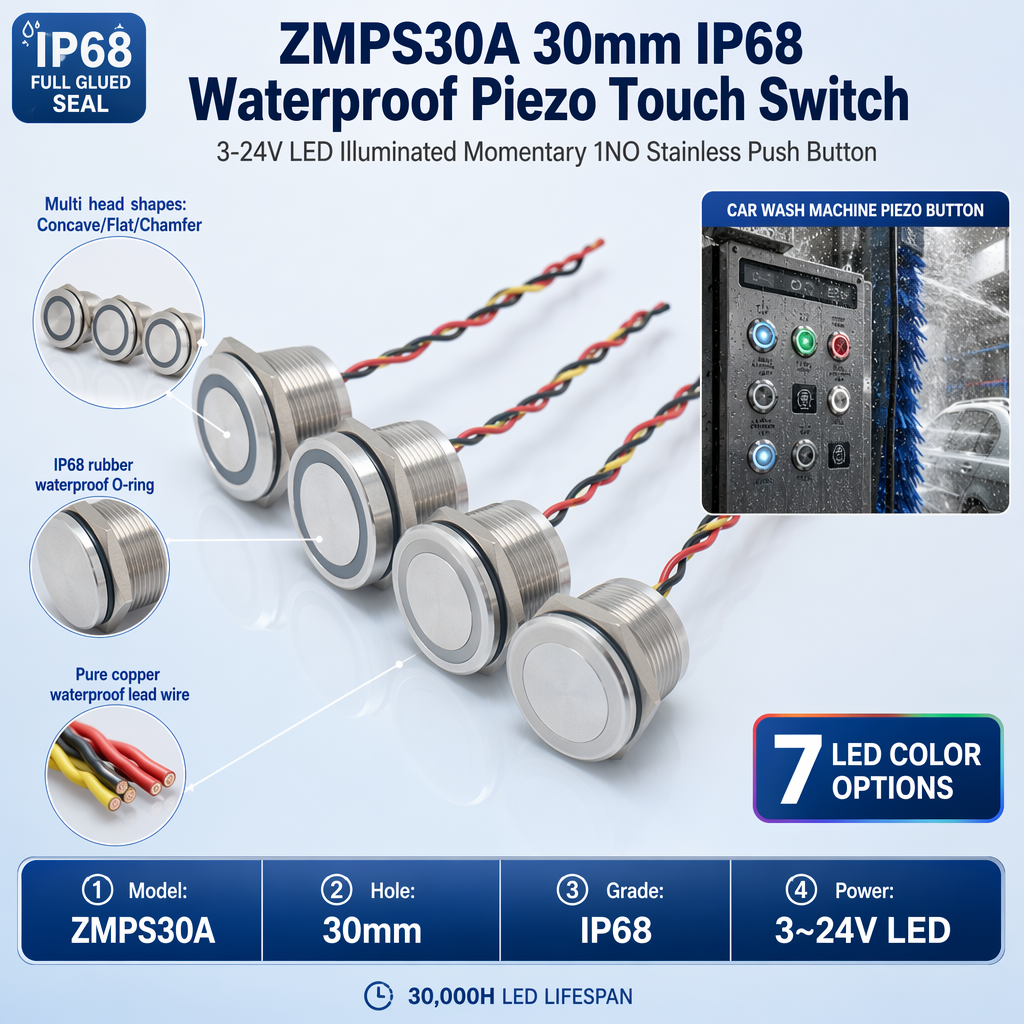 LEYU ZMPS 30A 30mm IP68 waterproof stainless steel piezo switch with ring LED illumination