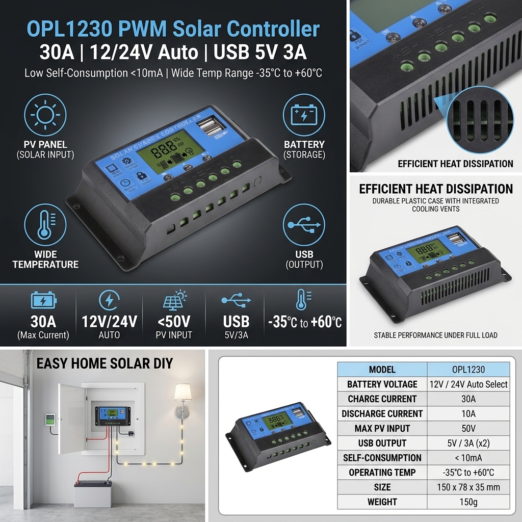30A PWM Solar Charger Wiring Diagram 12V 24V