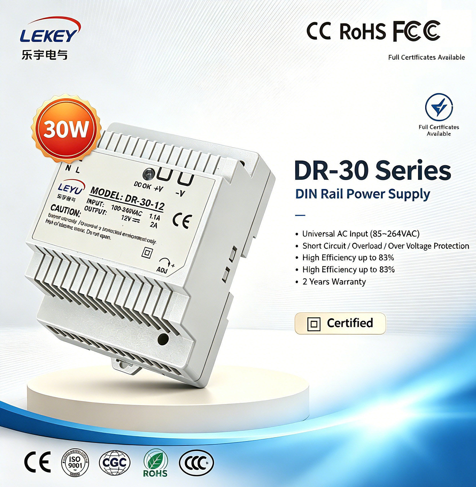 DR-30 30-Watt Single Output Industrial DIN Rail Power Supply for Automation