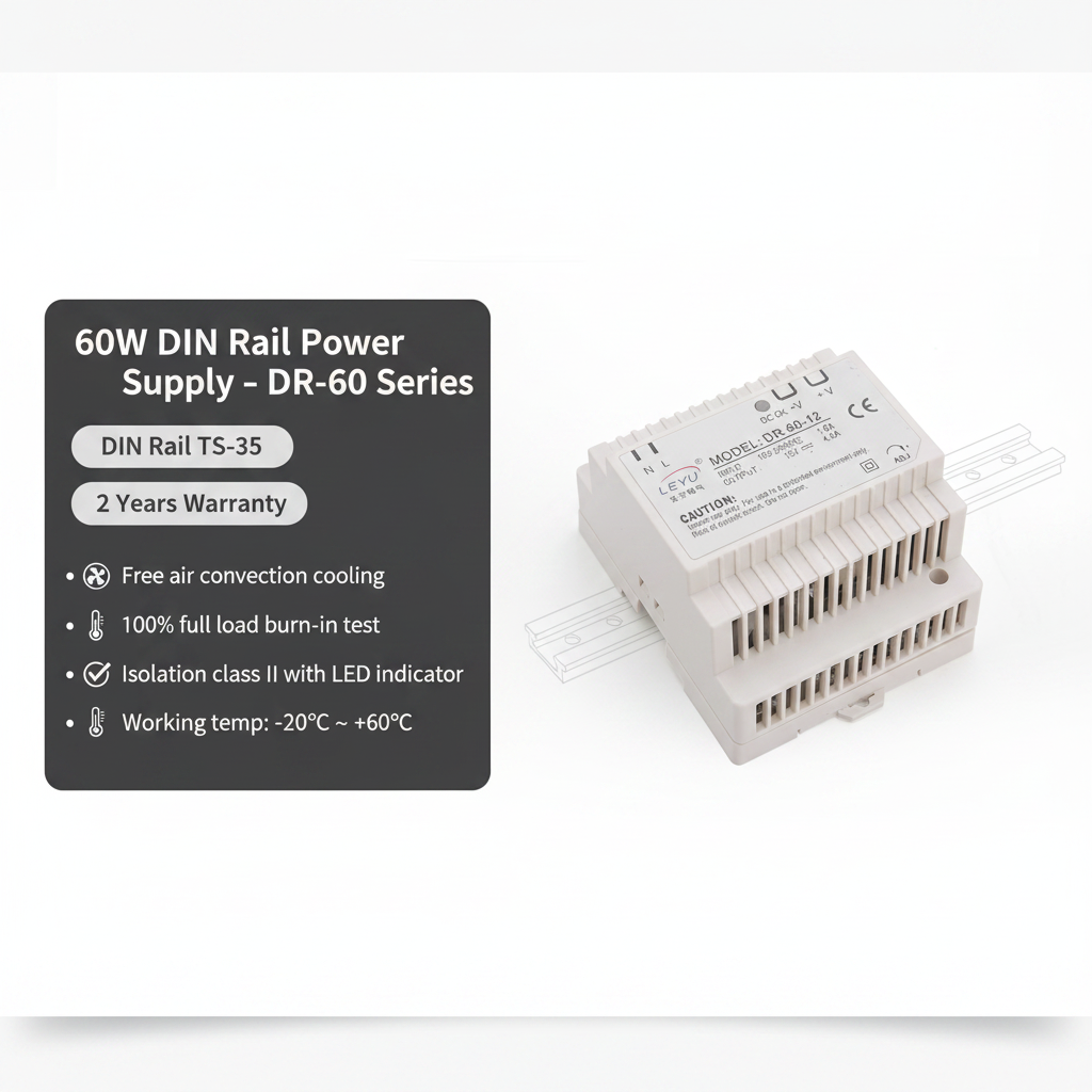 The DR-60 DIN Rail Power Supply delivers 60W of reliable and efficient power for industrial automation systems