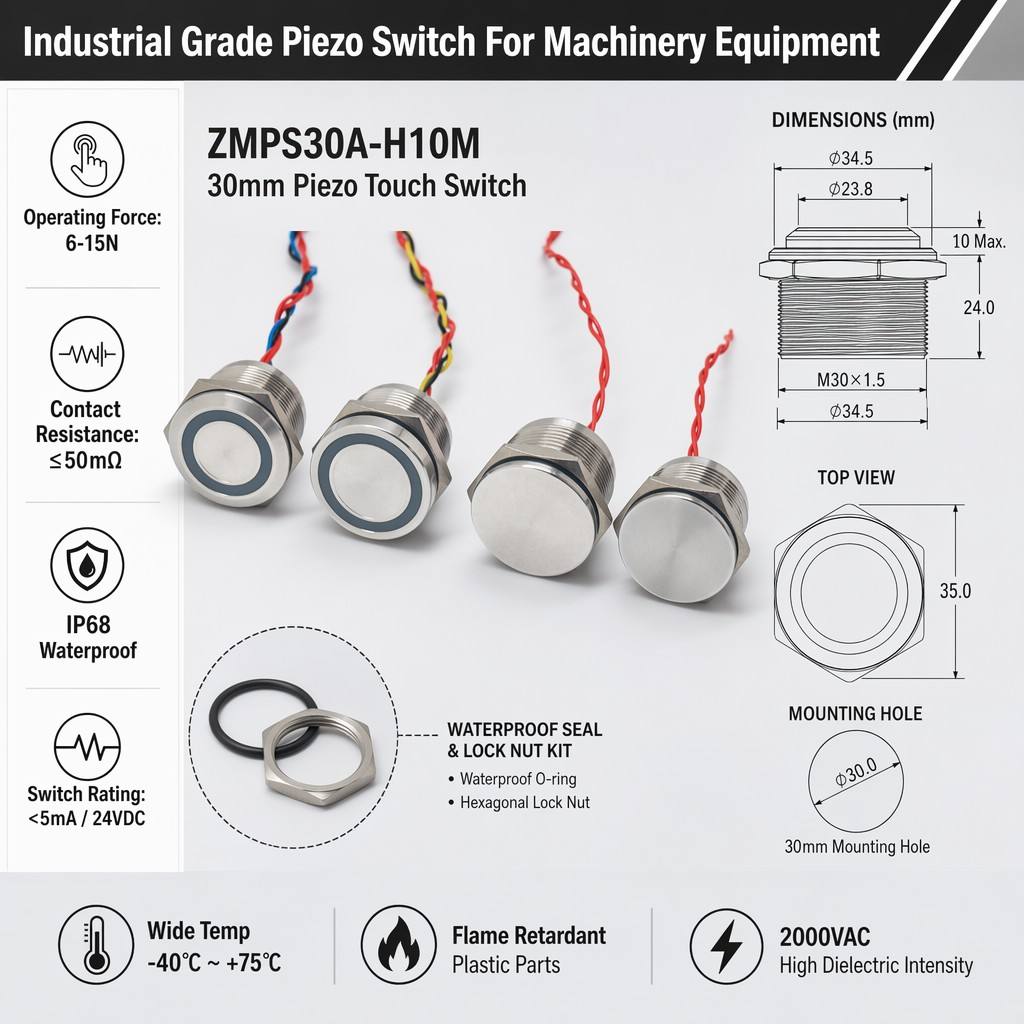 LEYU ZMPS 30A 30mm IP68 waterproof stainless steel piezo switch with ring LED illumination