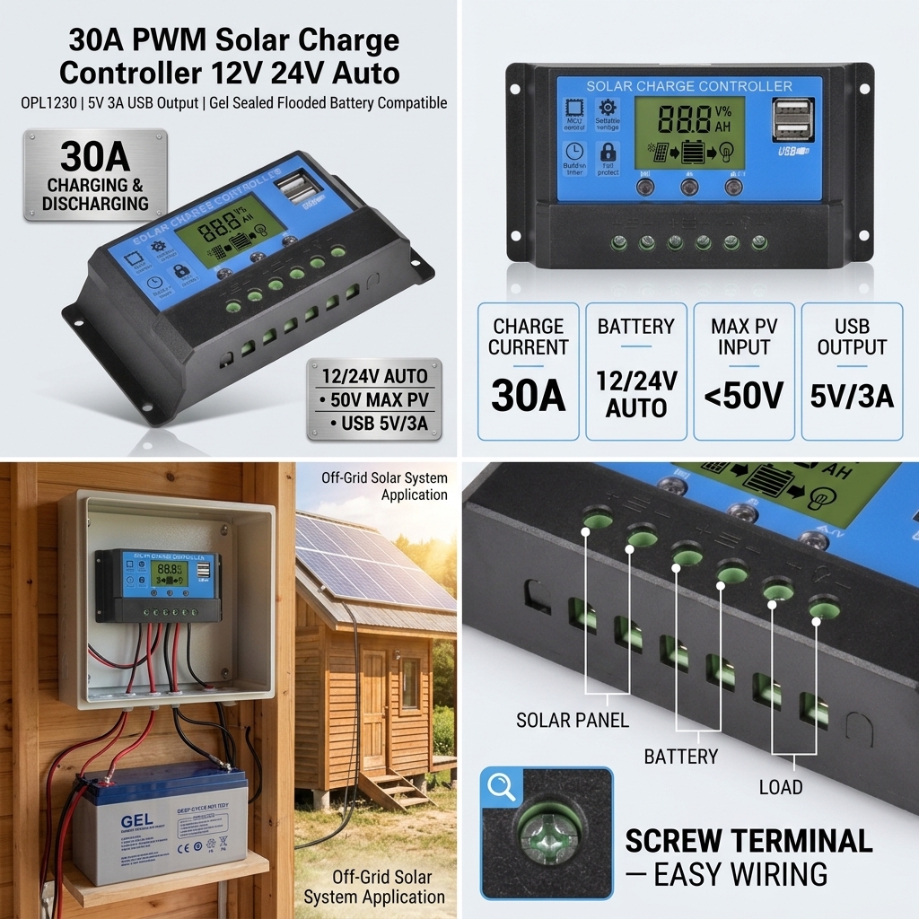 30A PWM Solar Charger Wiring Diagram 12V 24V
