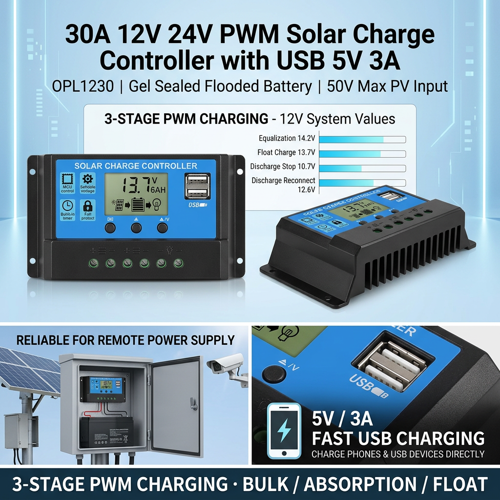 OPL-1230 PWM Solar Controller Front View LCD Display