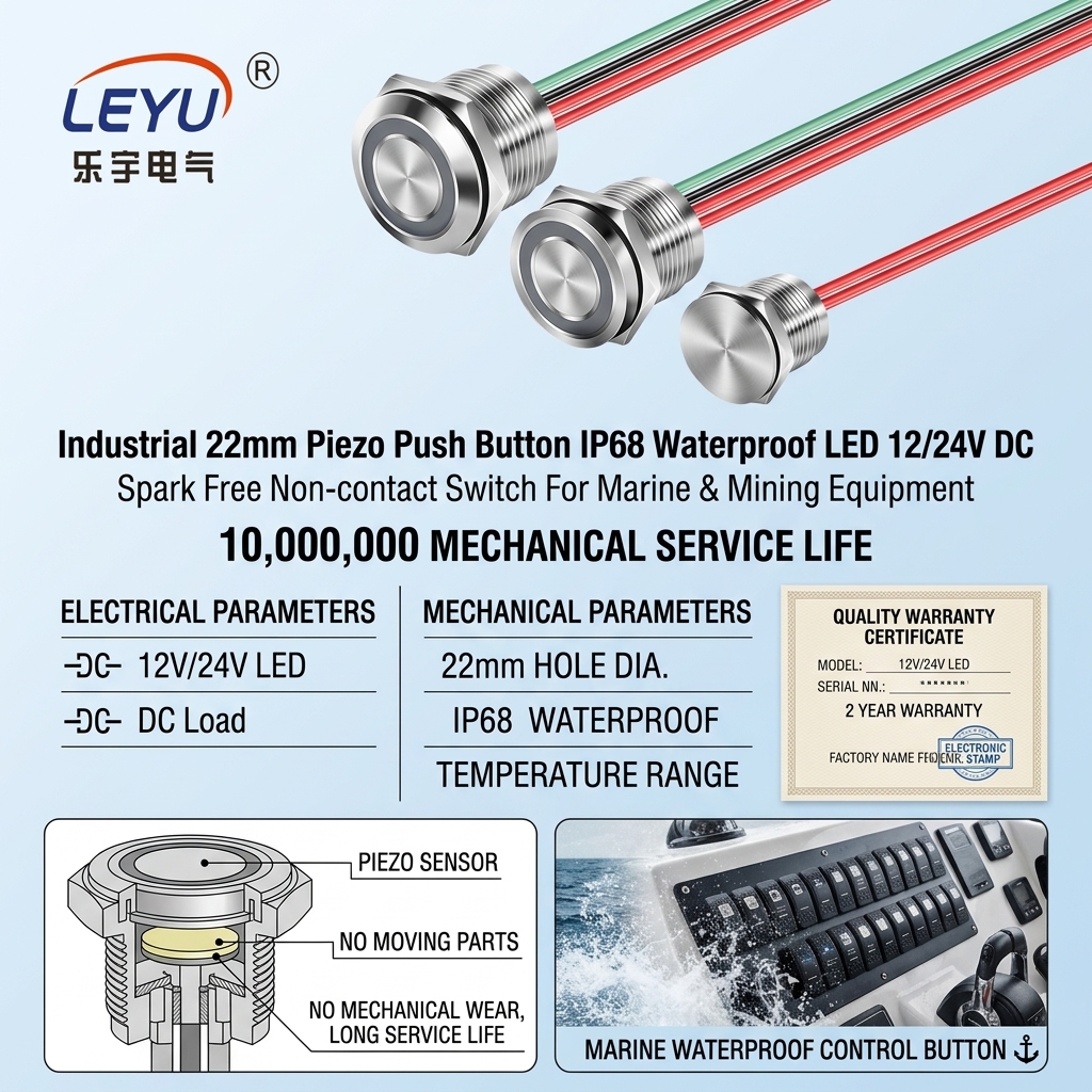 LEYU ZMPS 30A 30mm IP68 waterproof stainless steel piezo switch with ring LED illumination