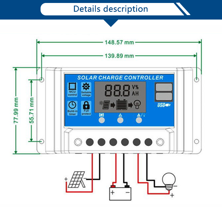 OPL-1230 PWM Solar Controller Front View LCD Display