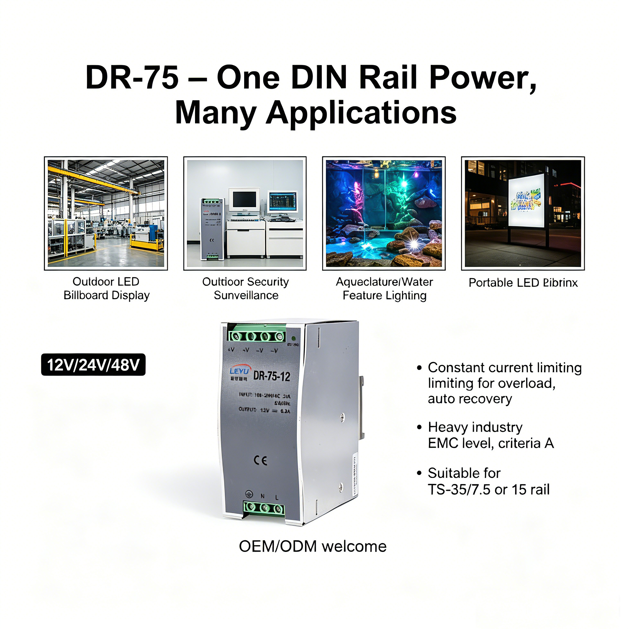 DR-75 Series 75W 12V 24V 48V Industrial DIN Rail Power Supply AC to DC Converter for PLC Control Panel Factory Automation