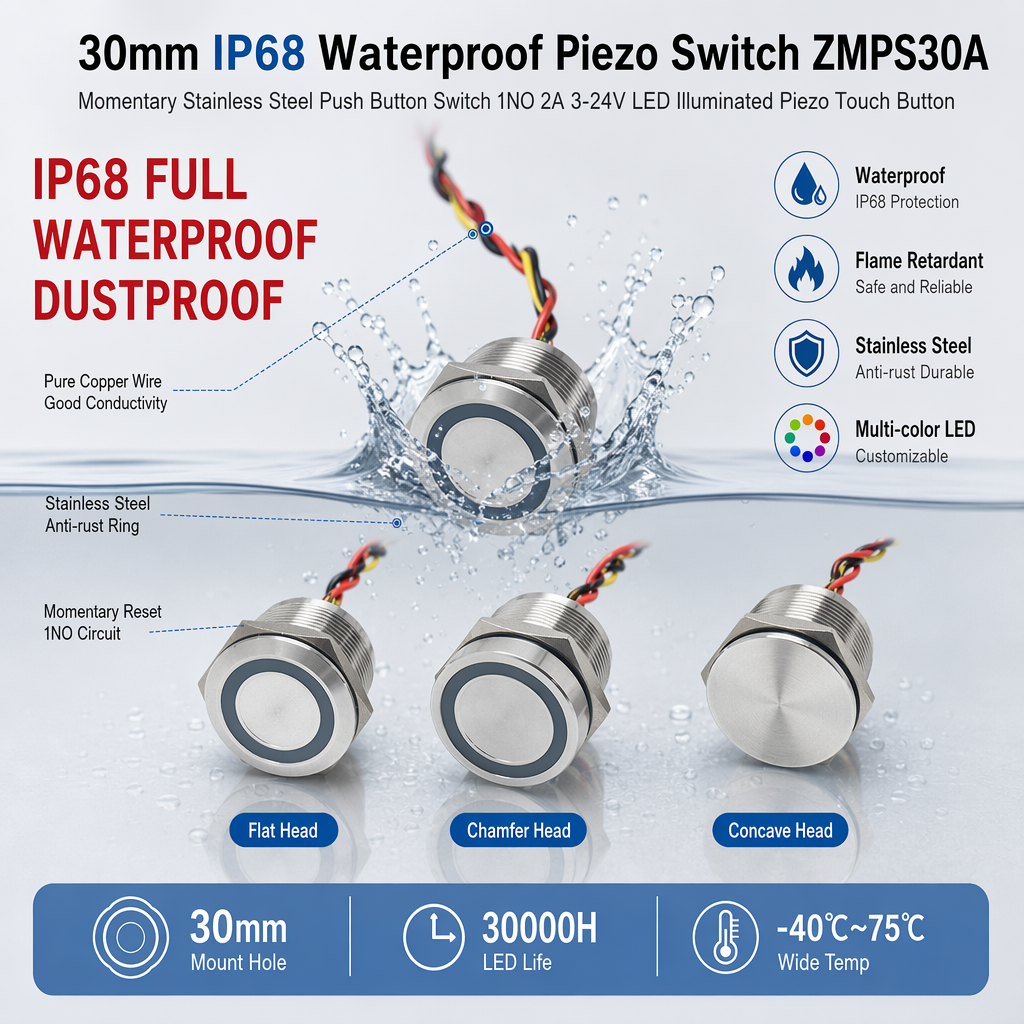LEYU ZMPS 30A 30mm IP68 waterproof stainless steel piezo switch with ring LED illumination