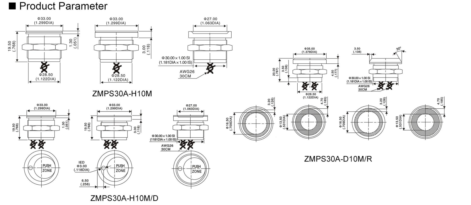 LEYU ZMPS 30A 30mm IP68 waterproof stainless steel piezo switch with ring LED illumination